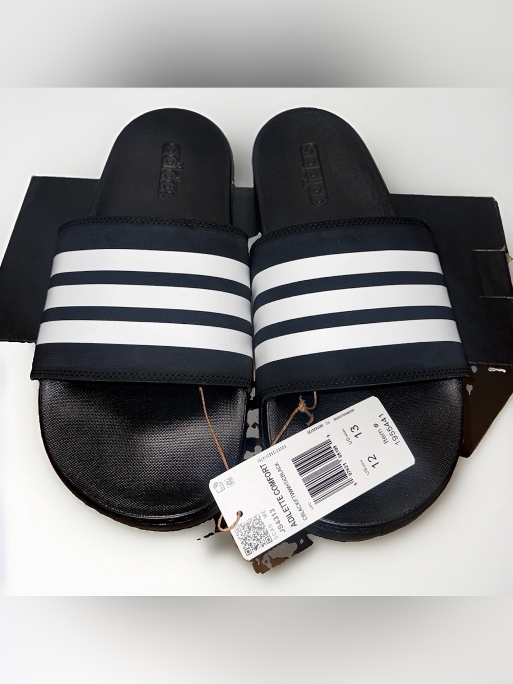 ADIDAS Adilette Comfort Unisex Black White Stripe Slides Mens 12 Womens 13 New